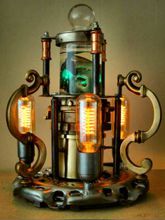 Steampunk Art Alchemy lamp for sale: Decorative piece of art with taxidermy Dog Head Boa.